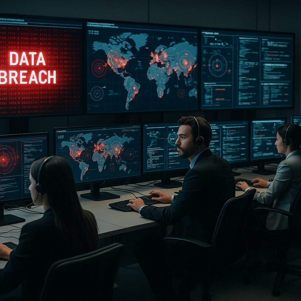 Cyber warfare command center with analysts monitoring potential threats in real-time