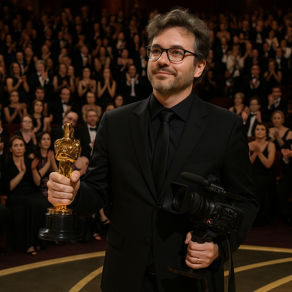 Ryan Coogler holding an Oscar statue on stage, surrounded by applause from the audience