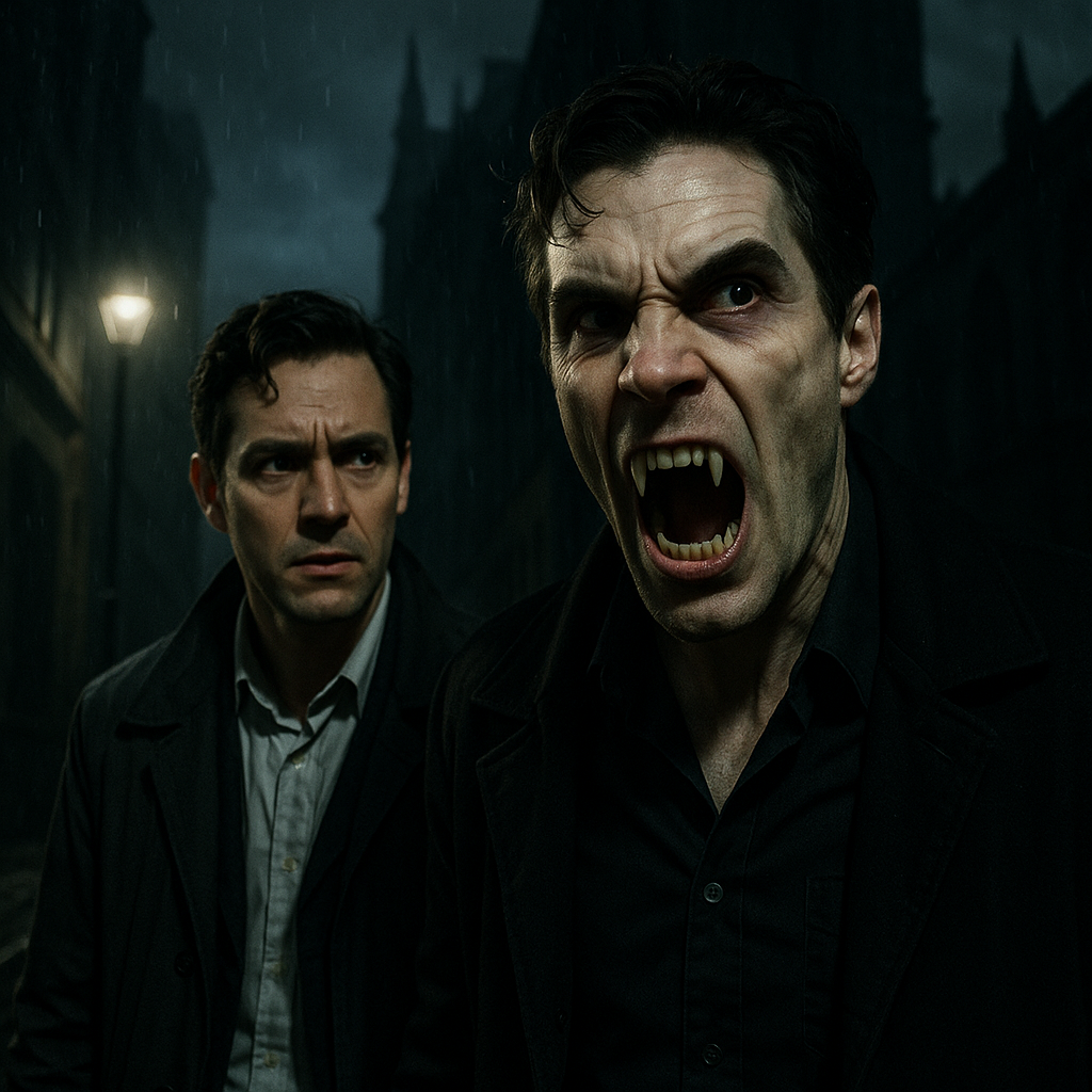 A cinematic scene featuring Michael B. Jordan as both SmokeStack Twins, set in a dark, atmospheric cityscape