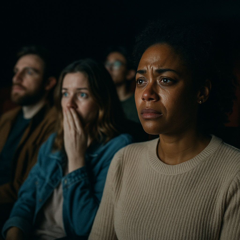 Audience watching a film in a packed, darkened theater displaying an emotional moment onscreen