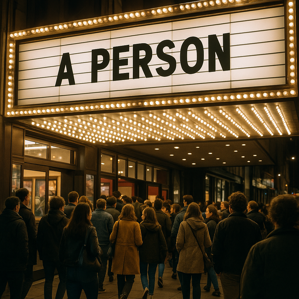 A bustling movie theater marquee with shining lights announcing 'Project Hail Mary'