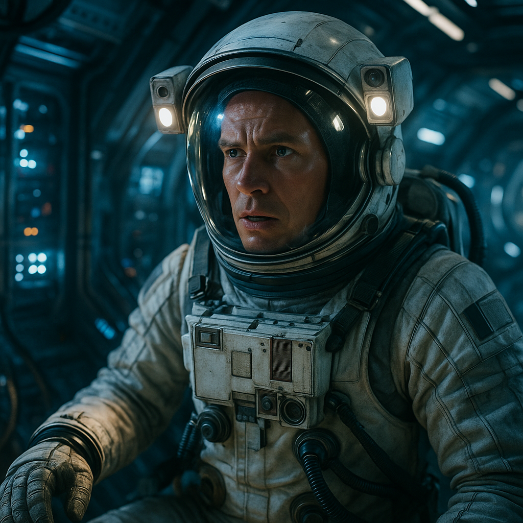 Ryan Gosling in a dramatic pose from 'Project Hail Mary,' in a futuristic space setting