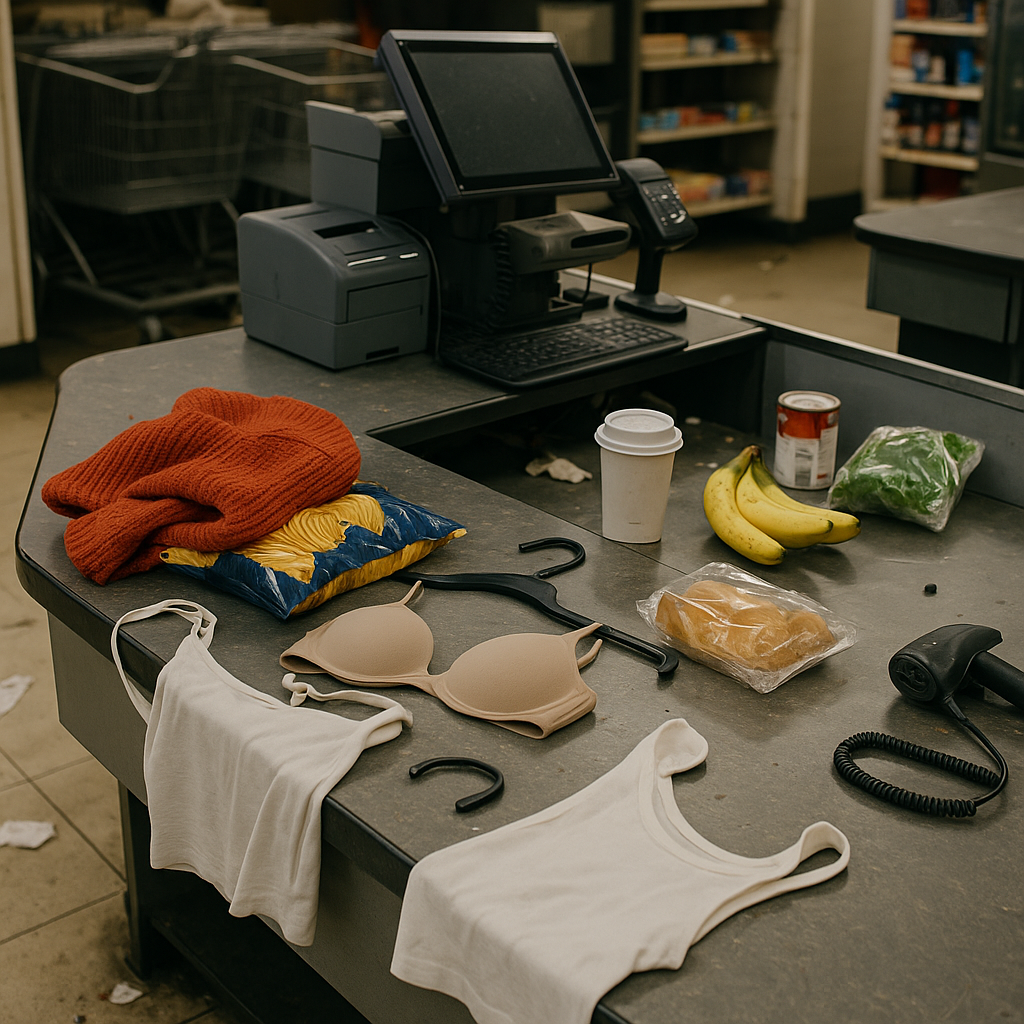 A cluttered retail checkout counter spilling over with items left behind during a busy day