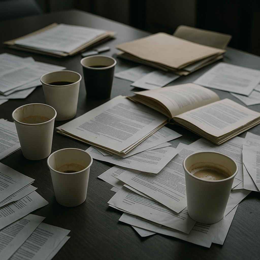 An office desk scattered with yesterday’s coffee cups and undone paperwork