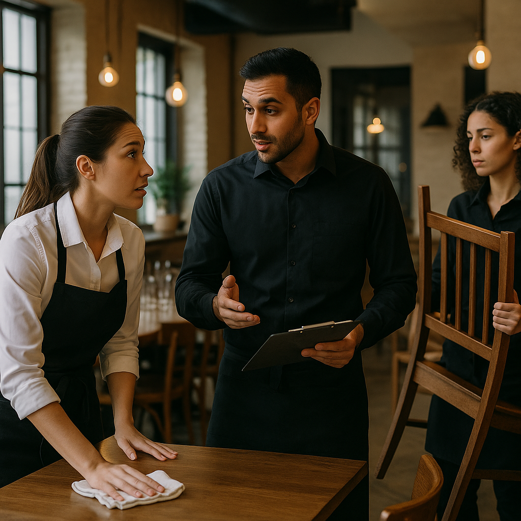 Employees chatting and consoling one another at a restaurant venue pre-shift setup