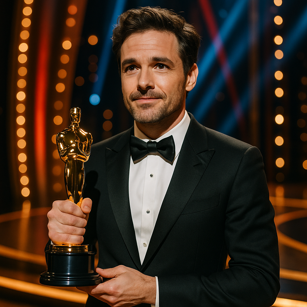 Sean Penn holding his Oscar trophy at the ceremony