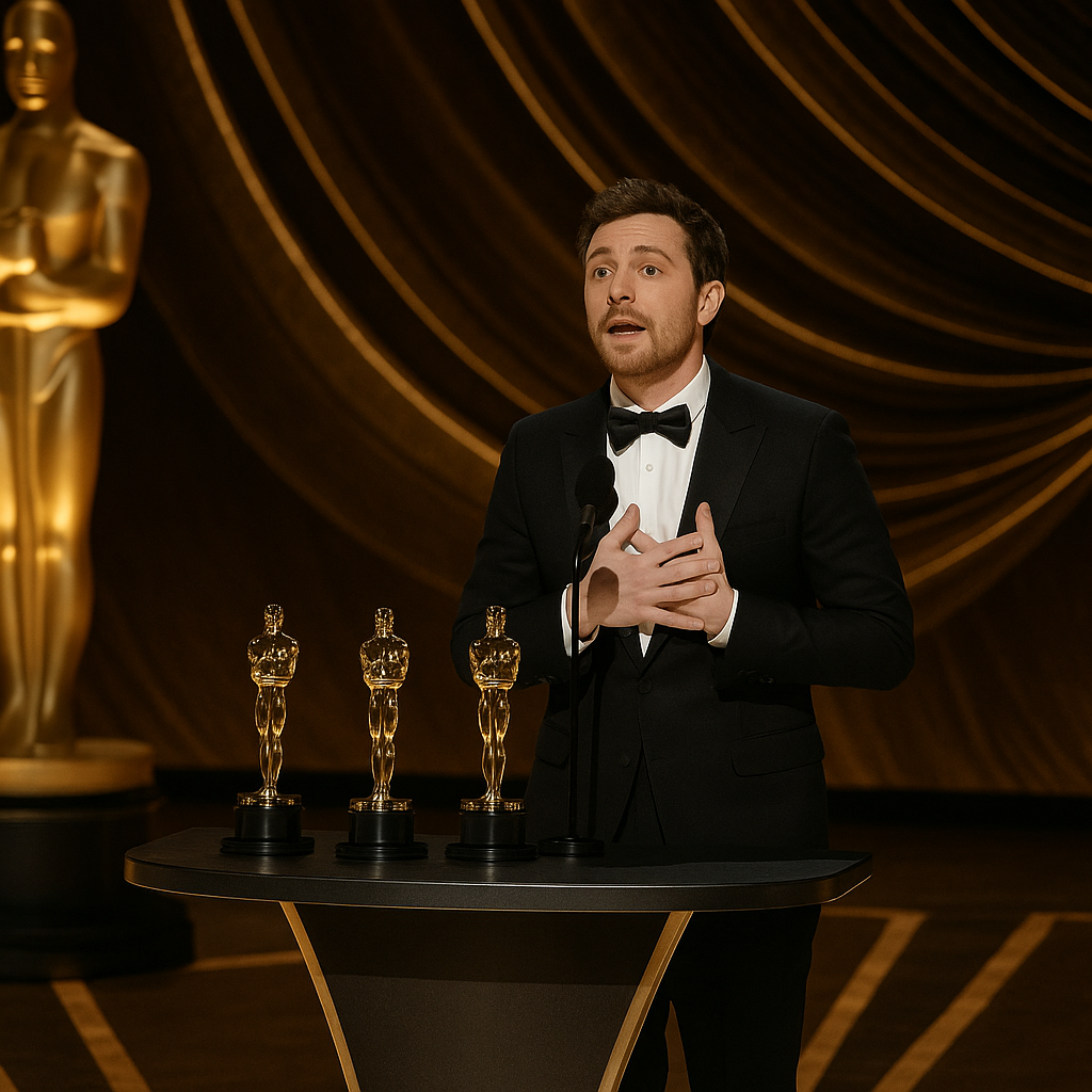 Oscars stage with Sean Penn delivering his acceptance speech