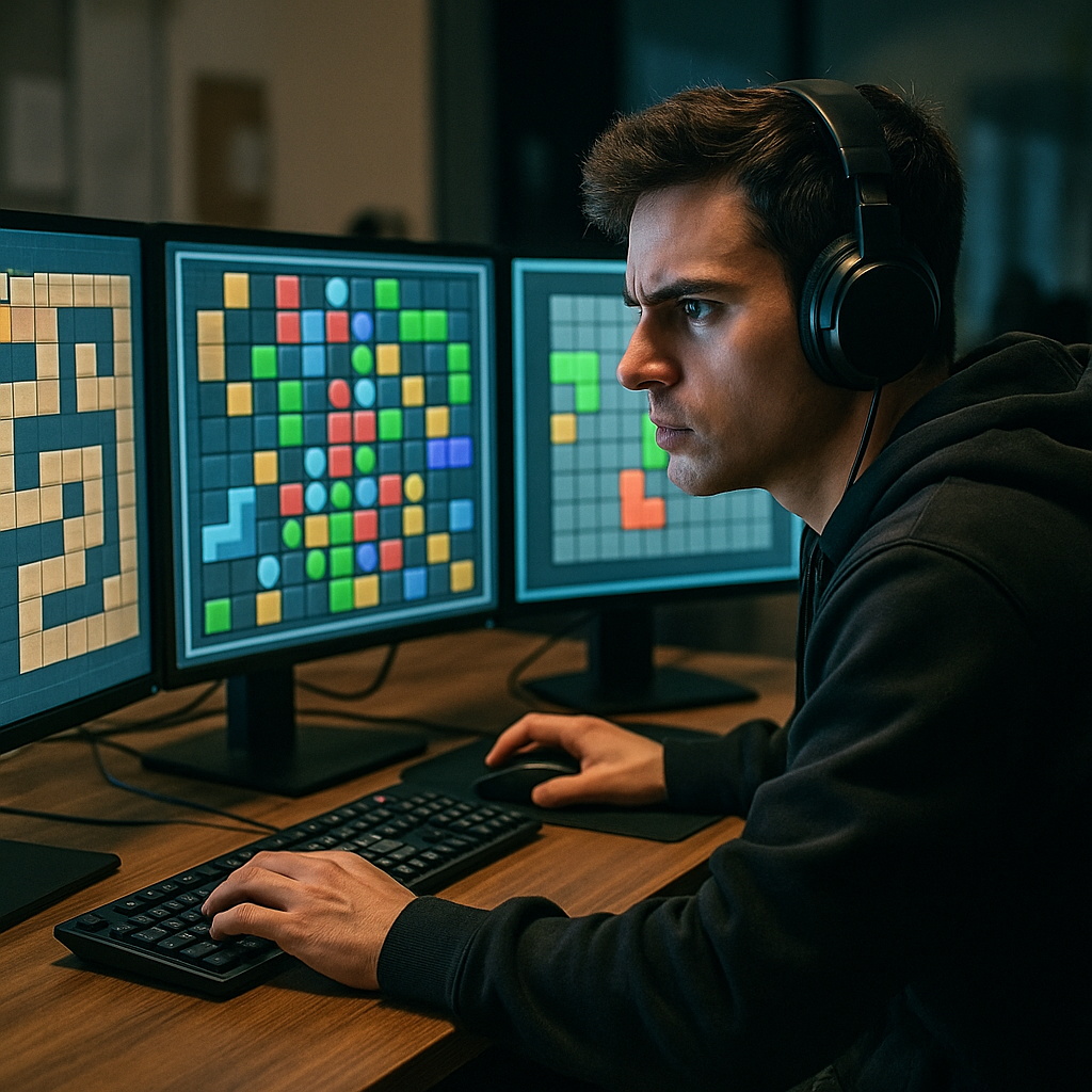 A tense gamer sitting at a desk, with monitors showing a complex puzzle interface