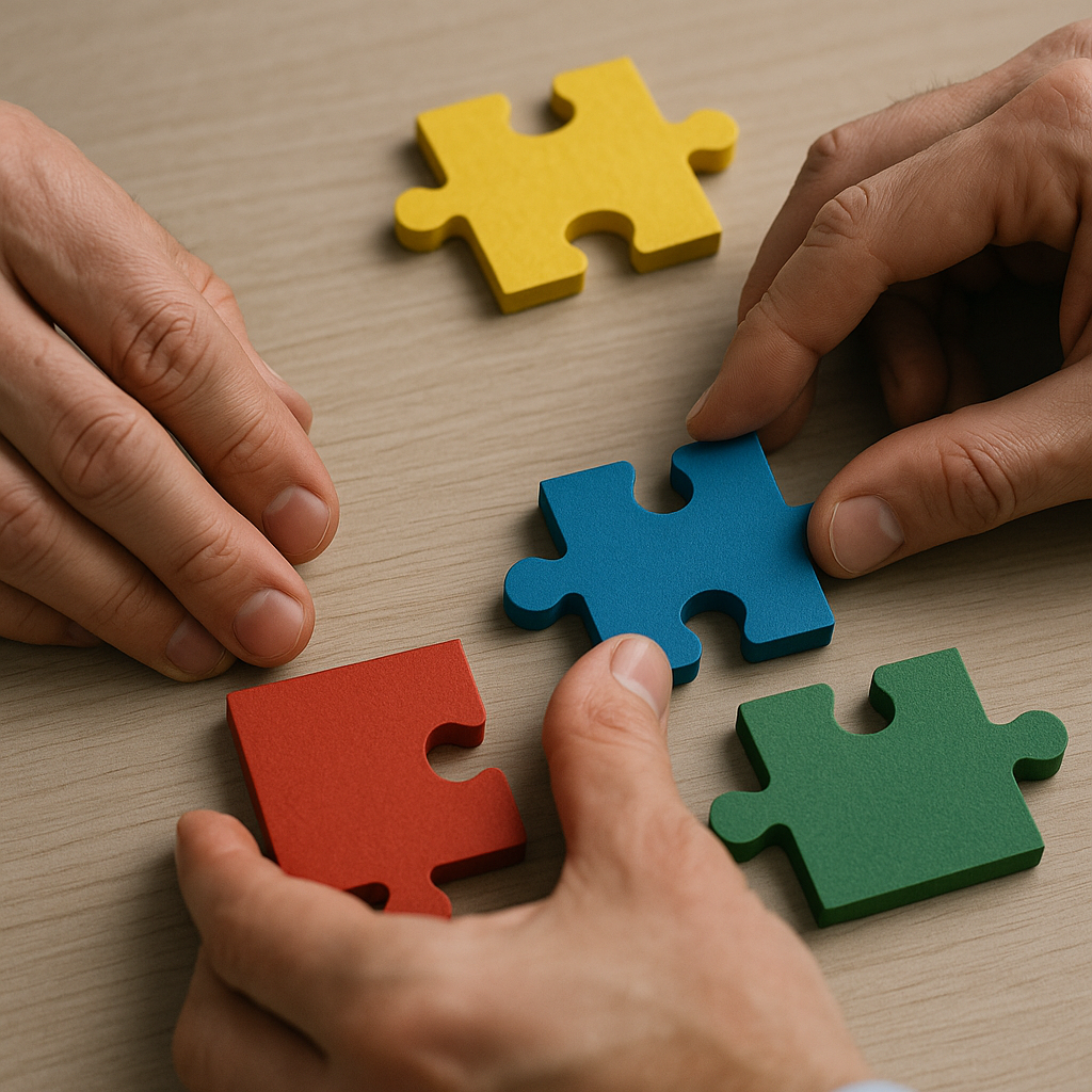 Concept art of puzzle pieces being arranged with precision by hand