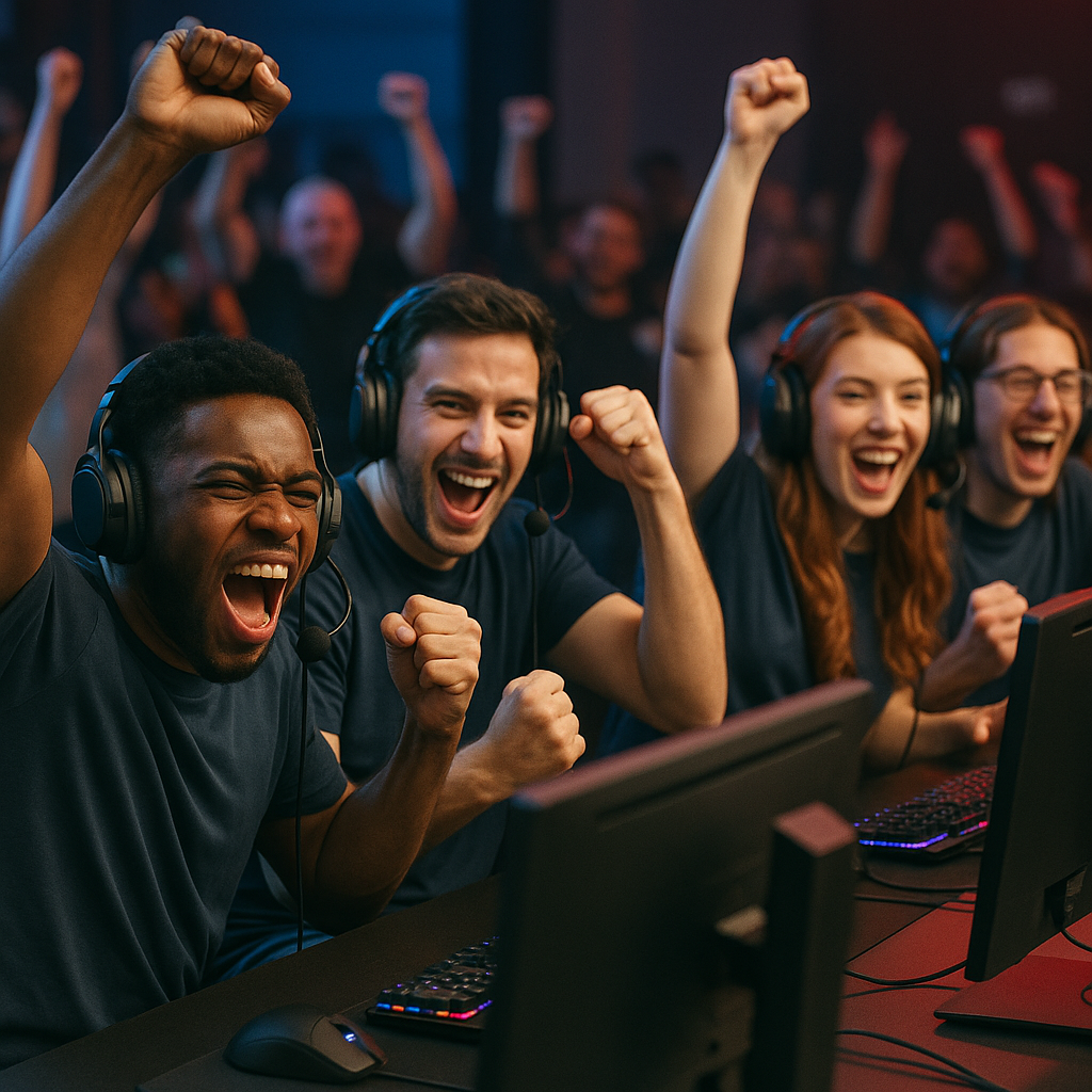 Gamers cheering during a community event or eSports competition