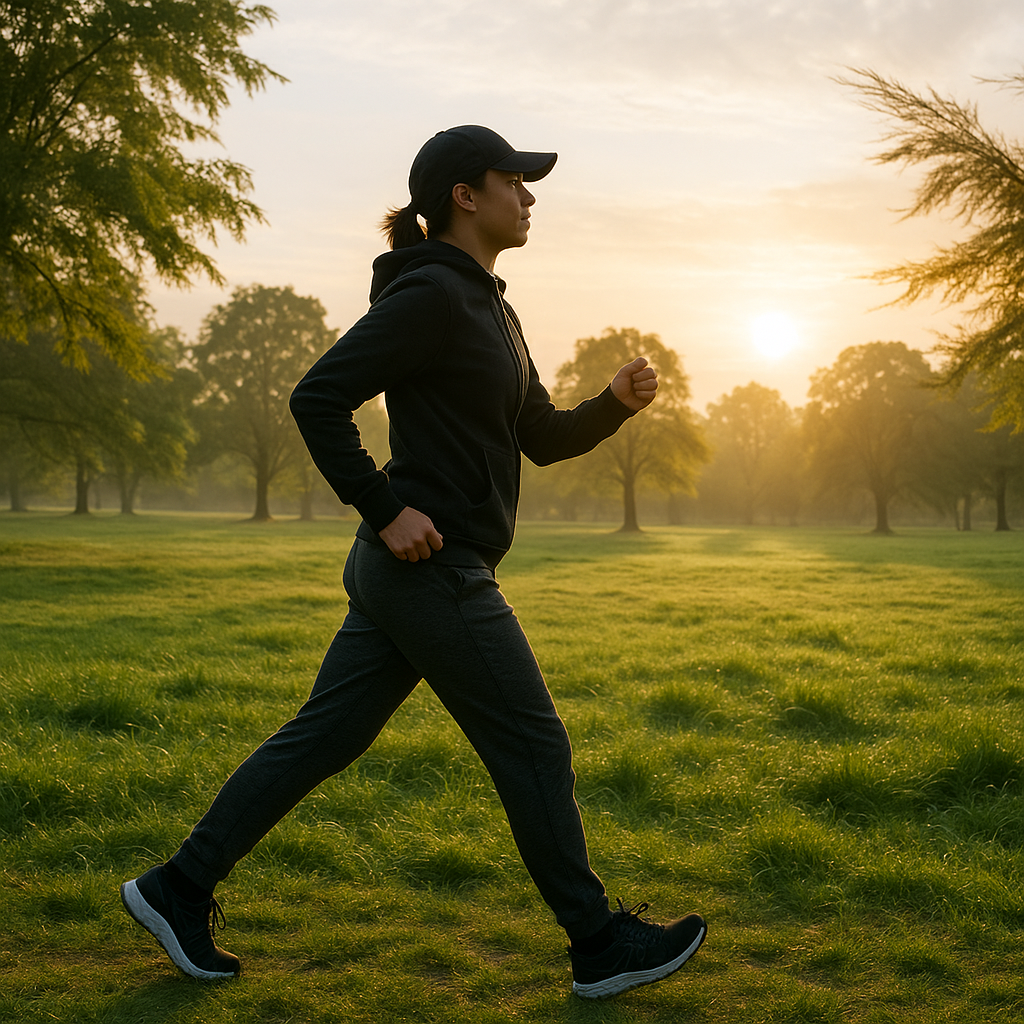A person taking a brisk walk through a park during sunrise