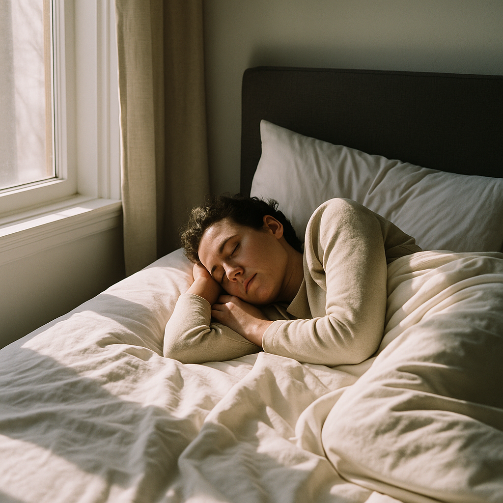 An individual resting on a bed with sunlight streaming through the window