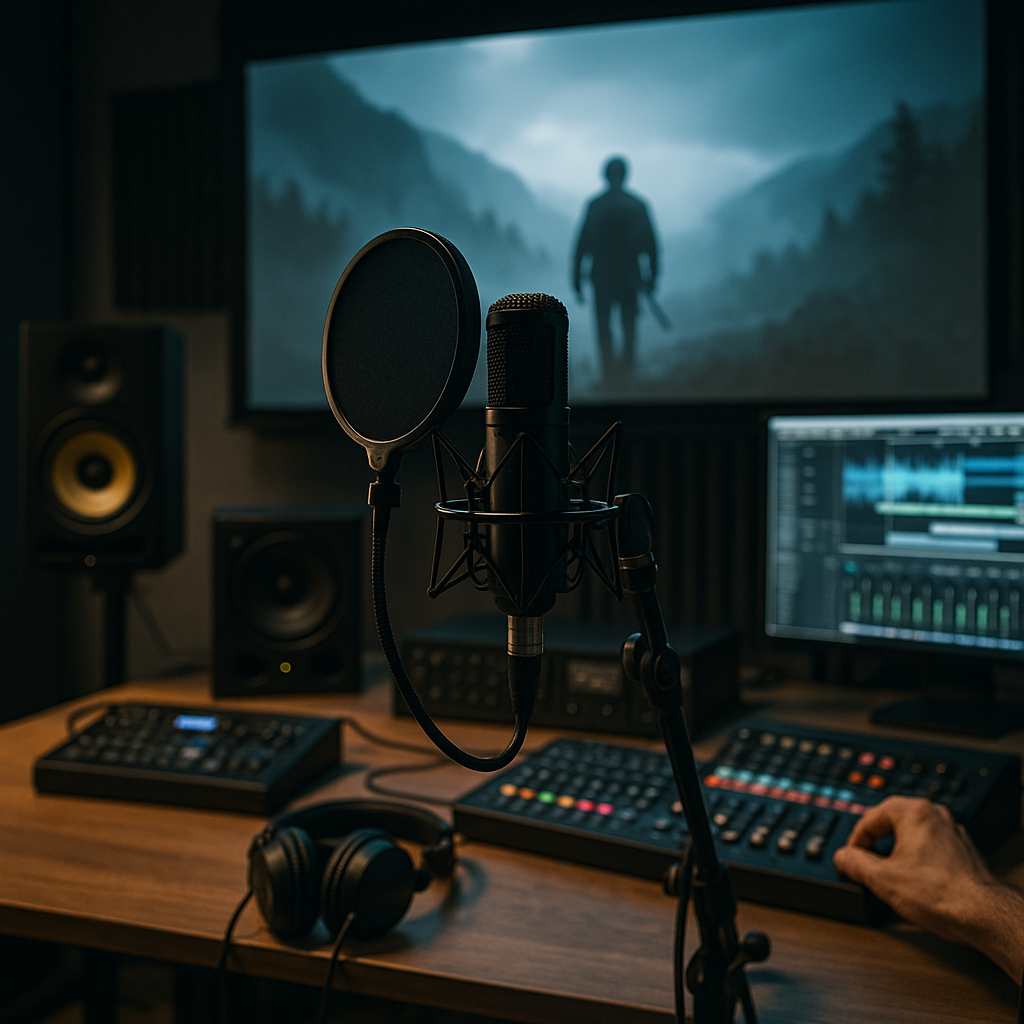 A sound studio with microphones and recording equipment set up