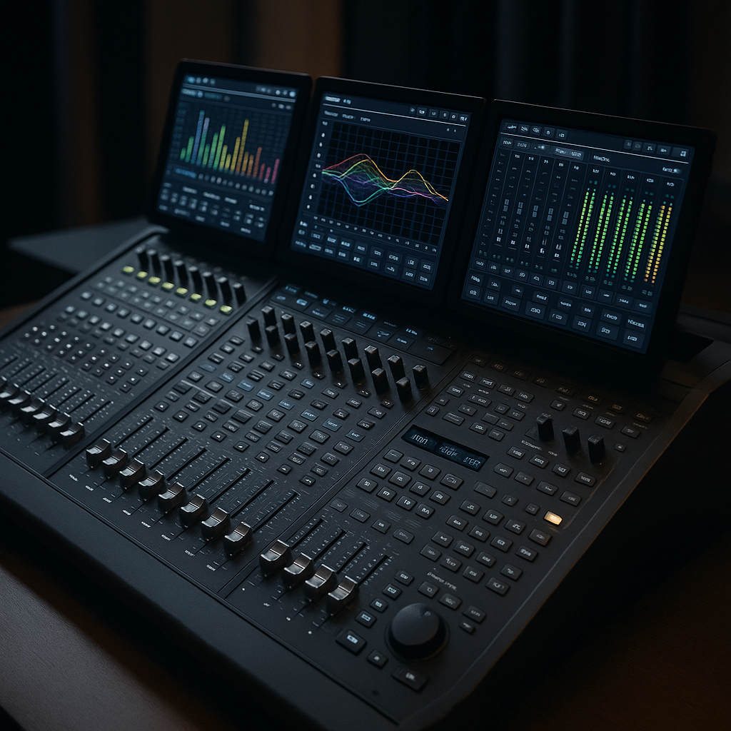 A futuristic sound mixing board being used in a studio