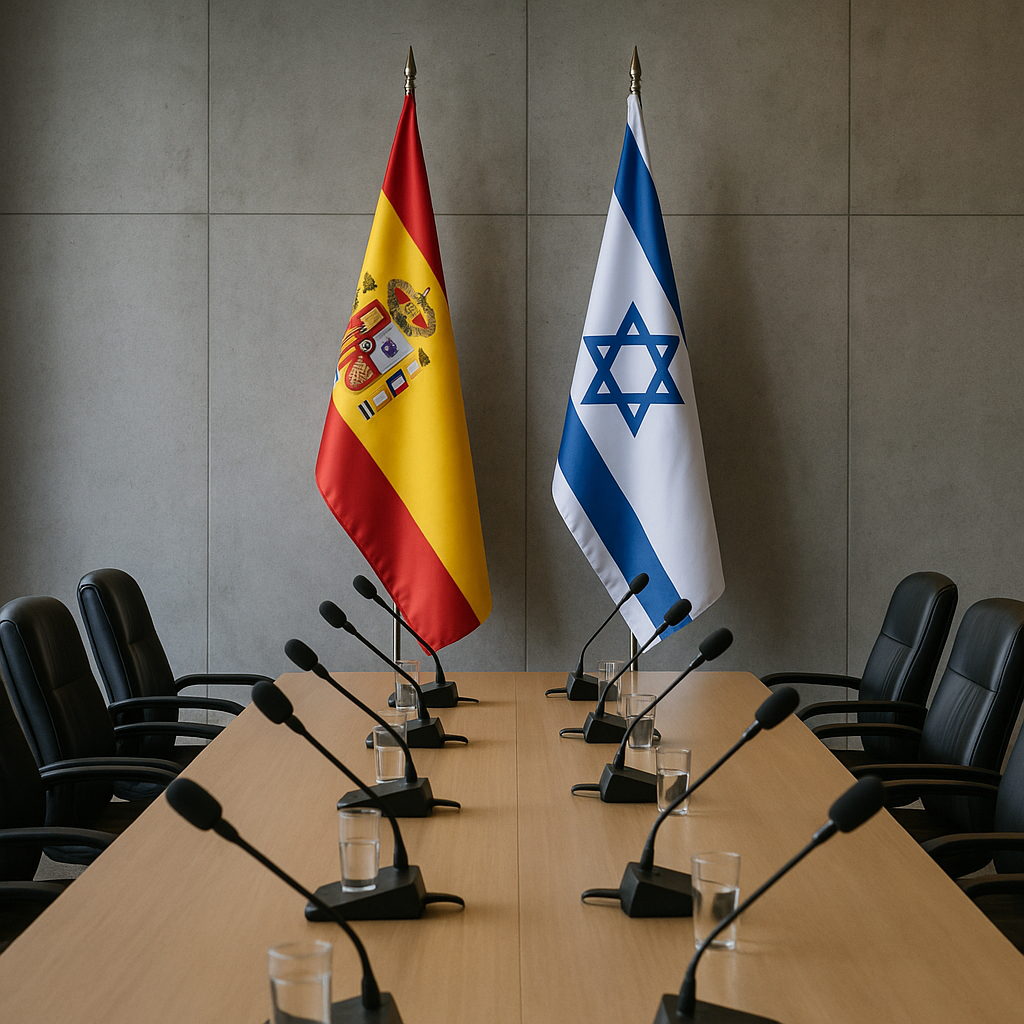 Diplomatic meeting room with empty chairs and country flag stands