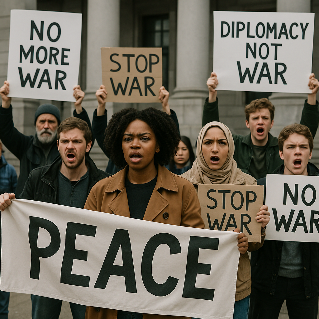 Demonstrations outside a government building with banners supporting both nations