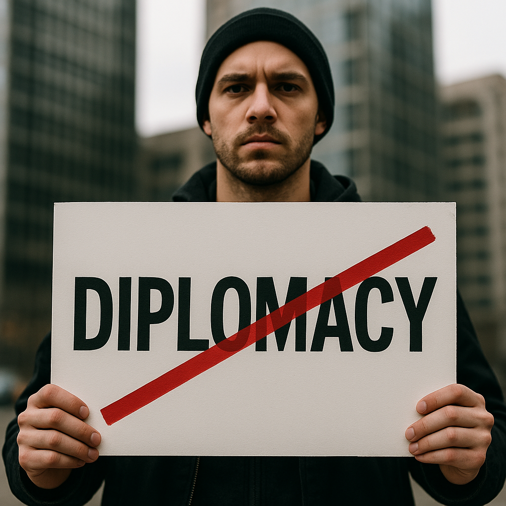 A protester holding a sign with the word “Diplomacy” crossed out in red
