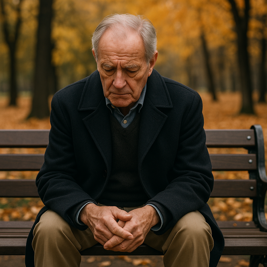 A delicate photo of an older widowed man sitting alone on a park bench, looking contemplative