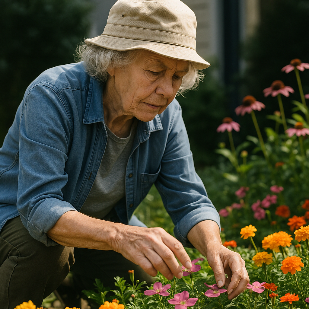 A serene image of an older widowed woman tending to a garden with a peaceful demeanor