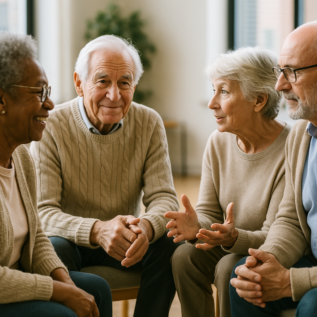 A community support group meeting with older adults sitting in a circle engaged in conversation