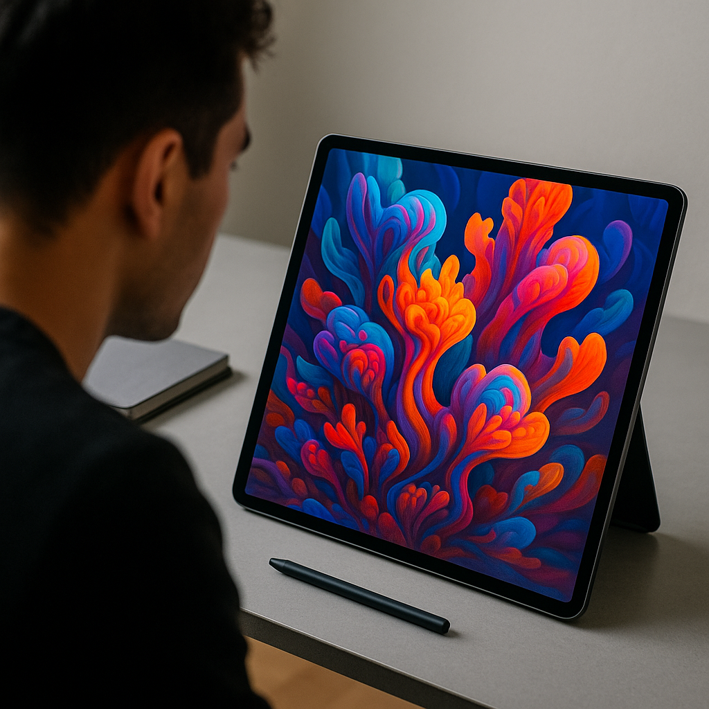 An example of AI-generated content, such as fake digital artwork on a tablet screen