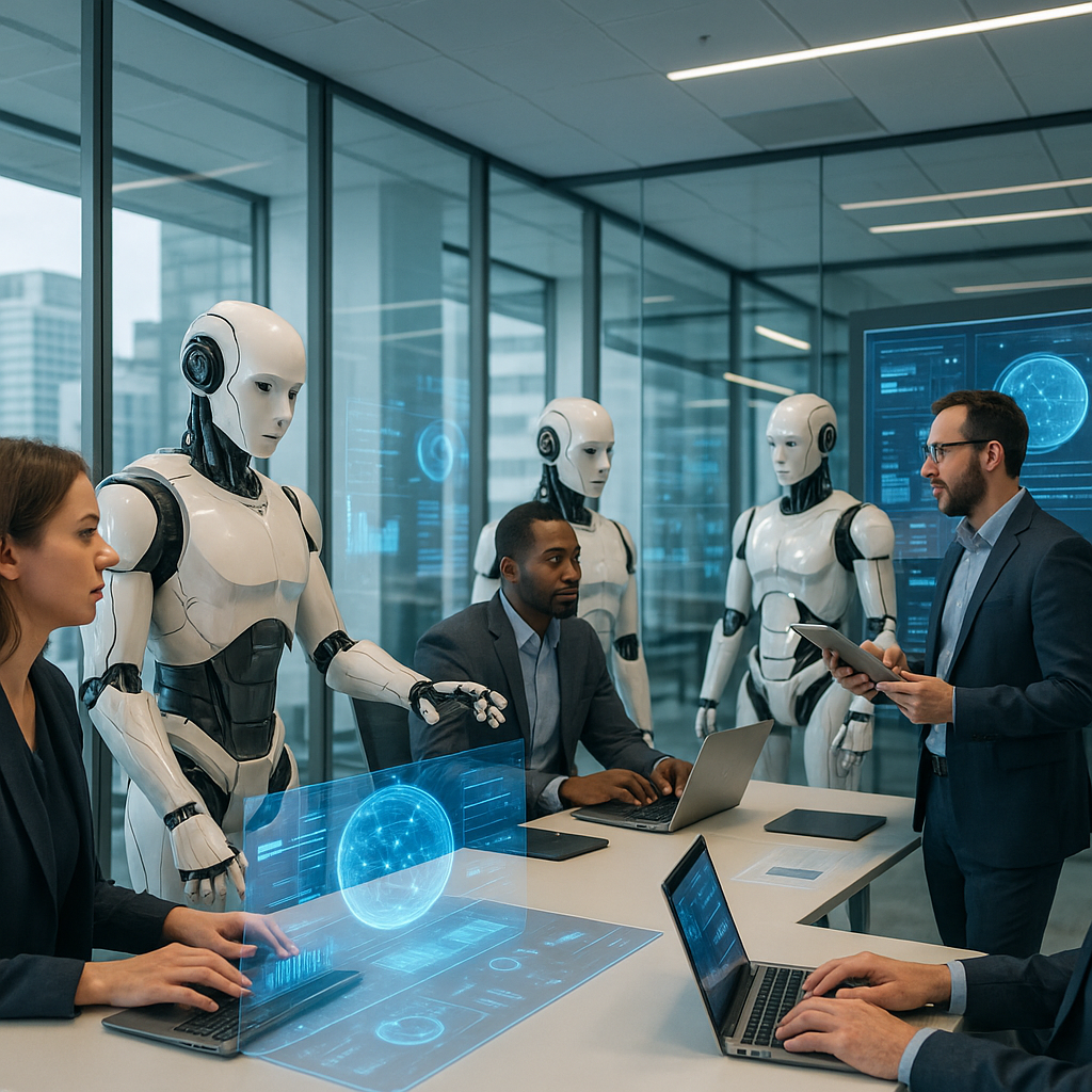 Concept art of AI robots interacting with humans in a virtual workspace environment