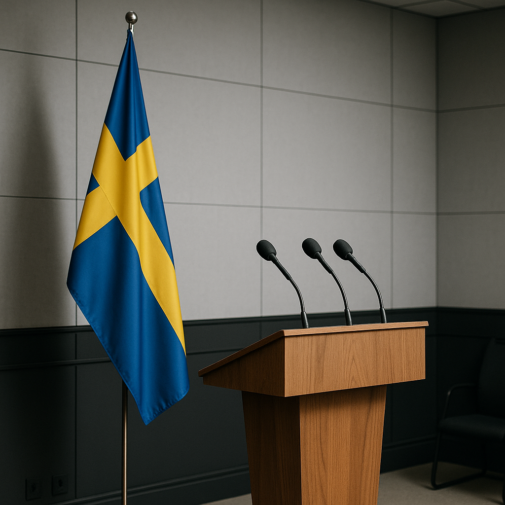 A government press conference room with a Swedish flag and microphones set up