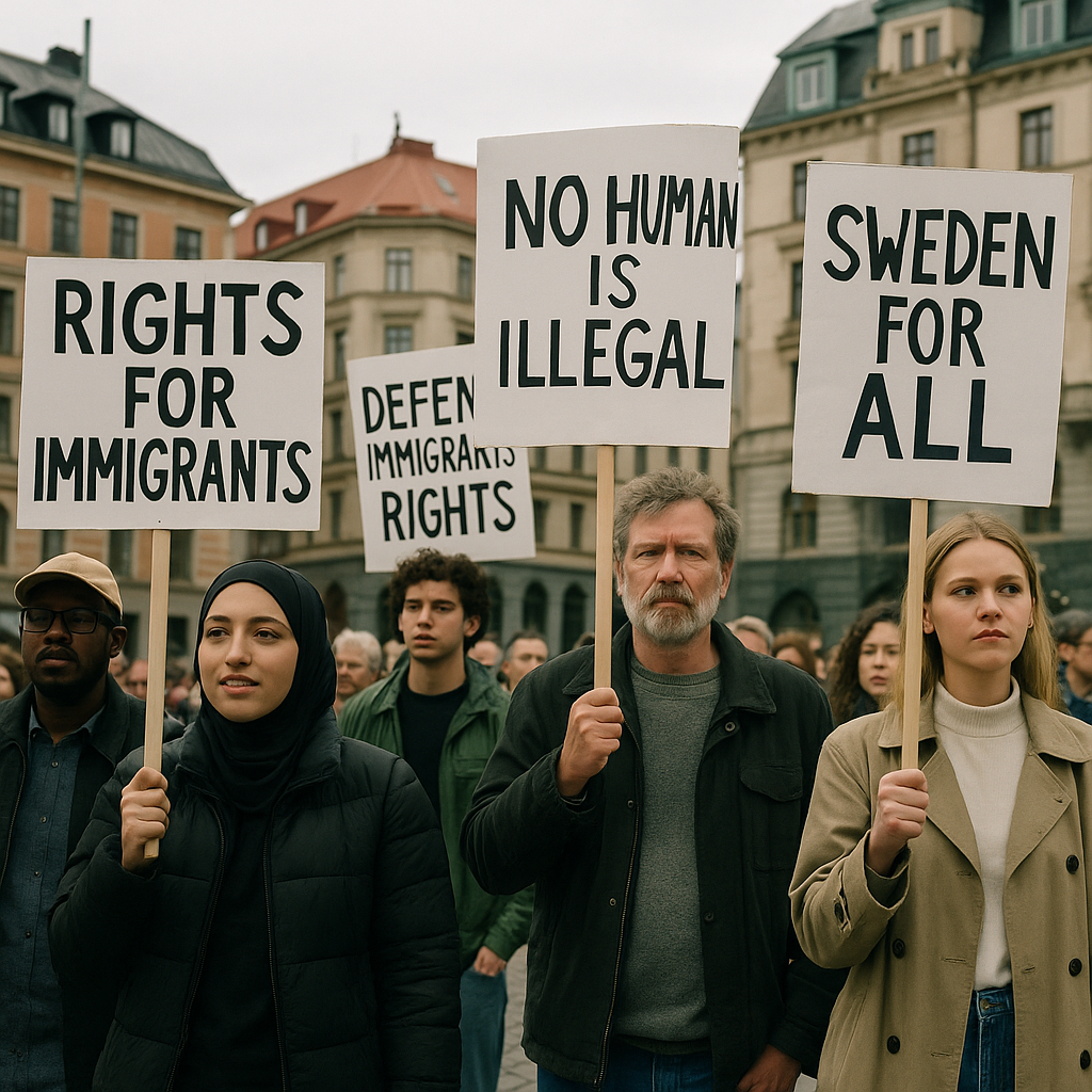 Protesters holding placards in Sweden, advocating for immigrant rights