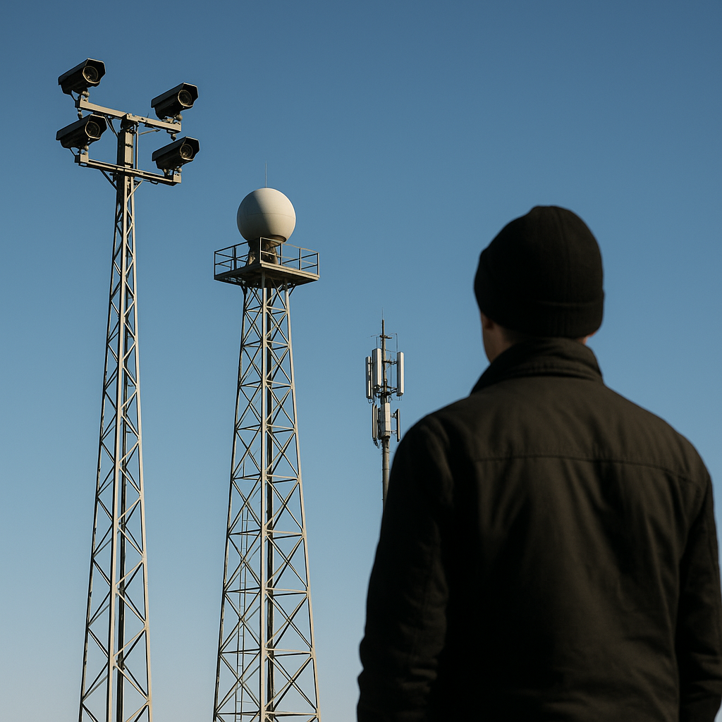 A wide view of Swiss Alps with border surveillance infrastructure in the foreground