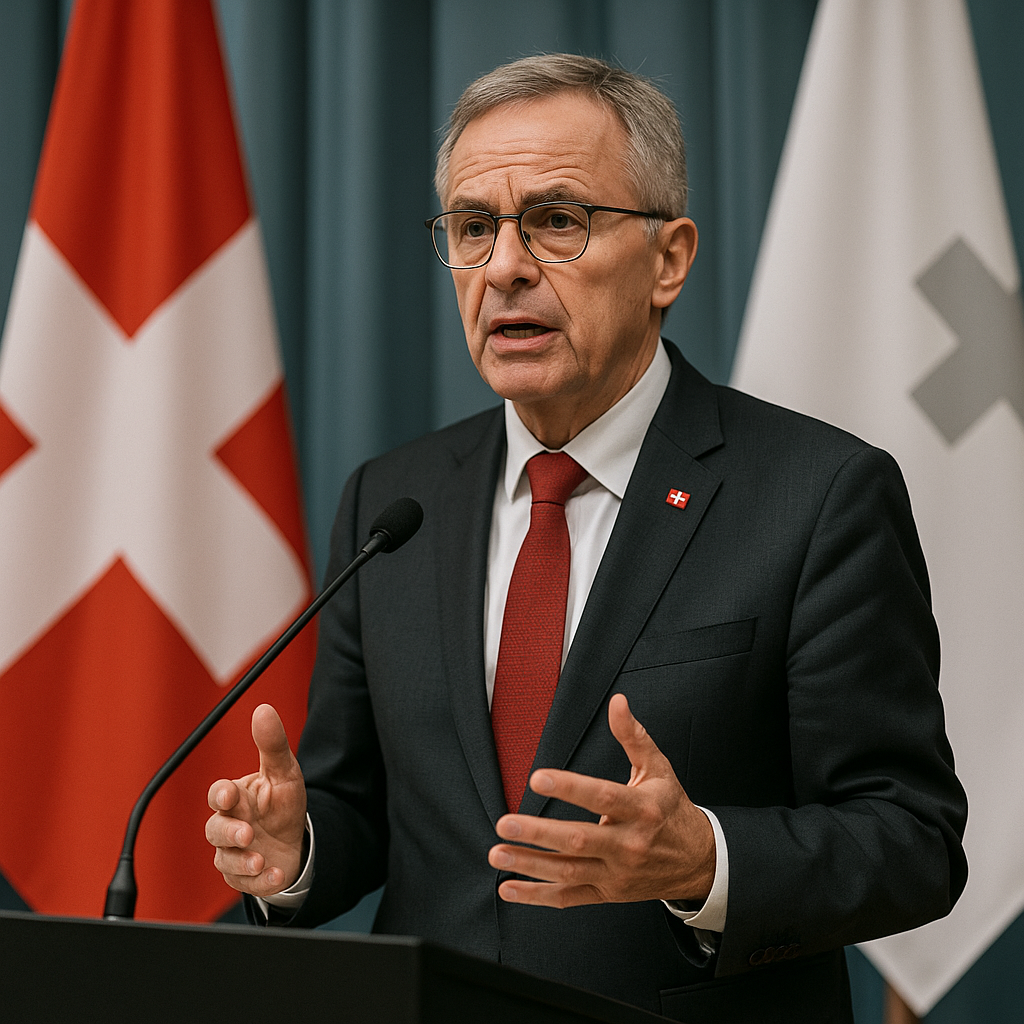 A high-ranking Swiss official speaking at an international conference, emphasizing neutrality