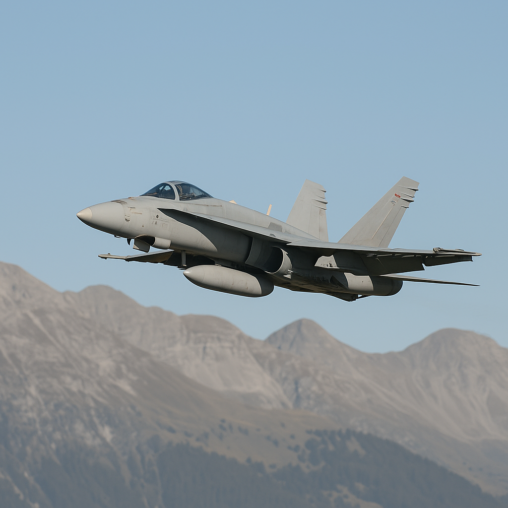 A fighter jet in mid-flight with a neutral Swiss mountain background, symbolizing sovereignty