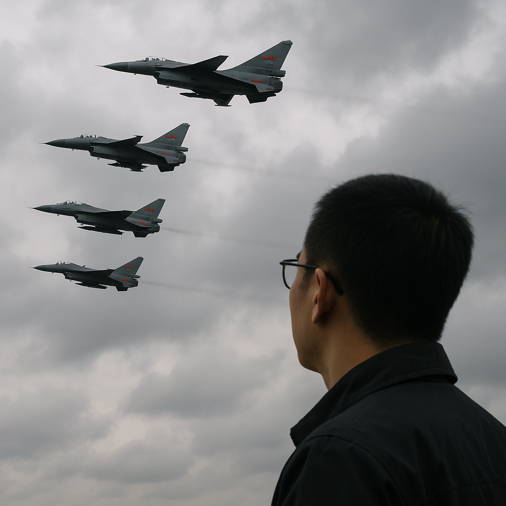 Chinese fighter jets flying in formation over the Taiwan Strait