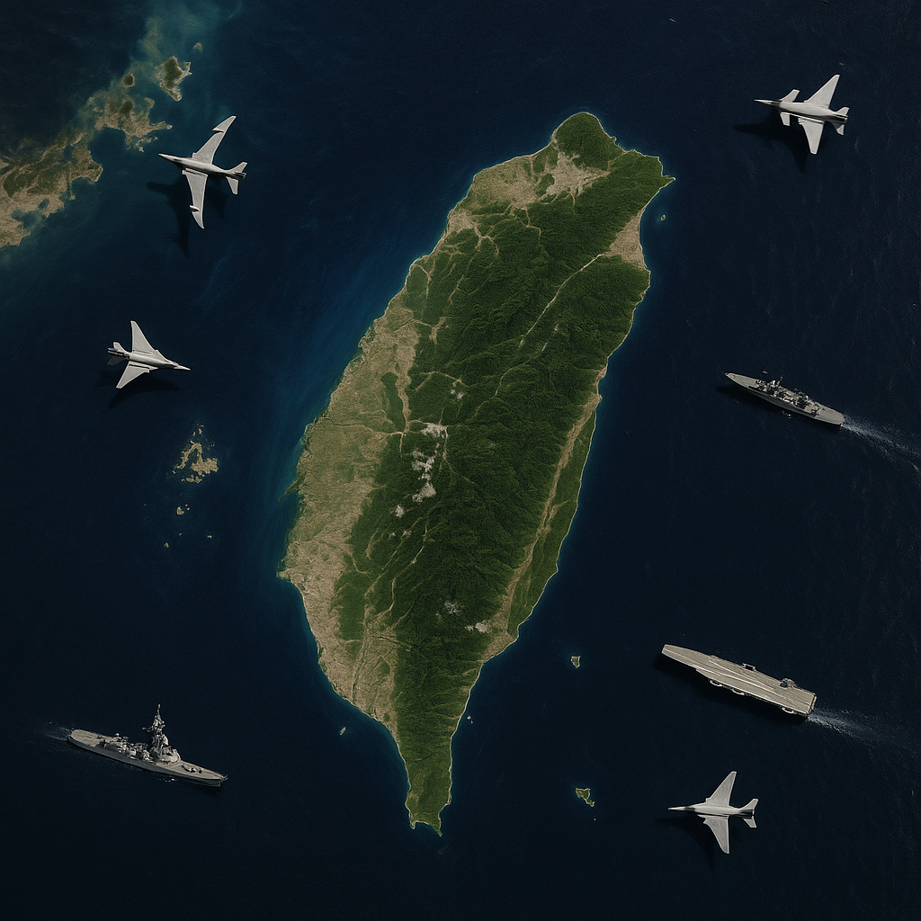 Satellite view of Taiwan with military ships nearby -- symbolizing geopolitical tensions