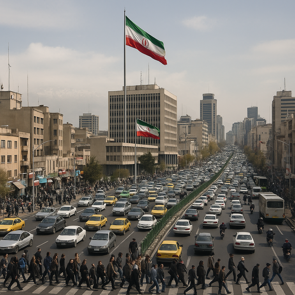 A bustling street in Tehran with the Iranian flag prominently displayed