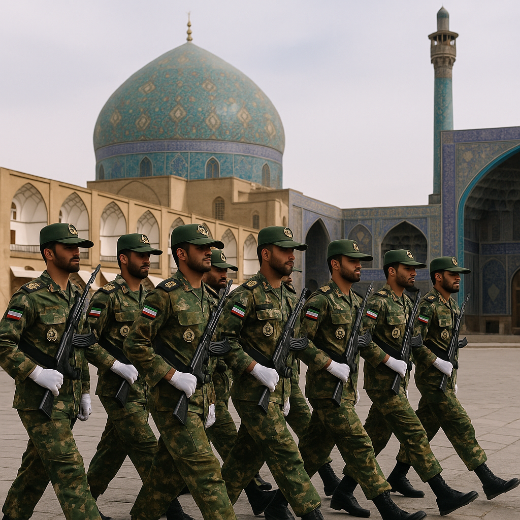 Iranian Revolutionary Guards in a military parade with symbolic Iranian architecture in the background