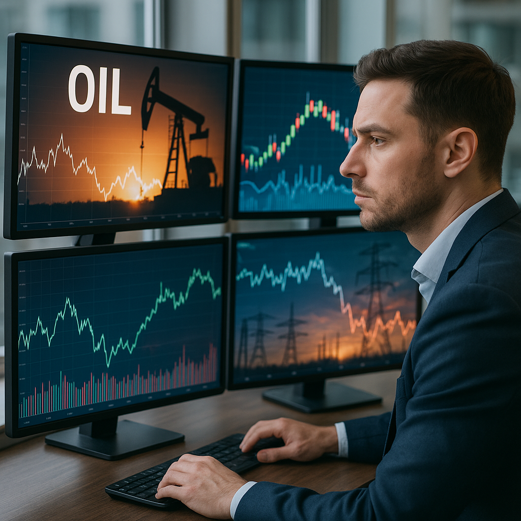 A financial analyst studying oil price trends on multiple screens, showing fluctuating graphs