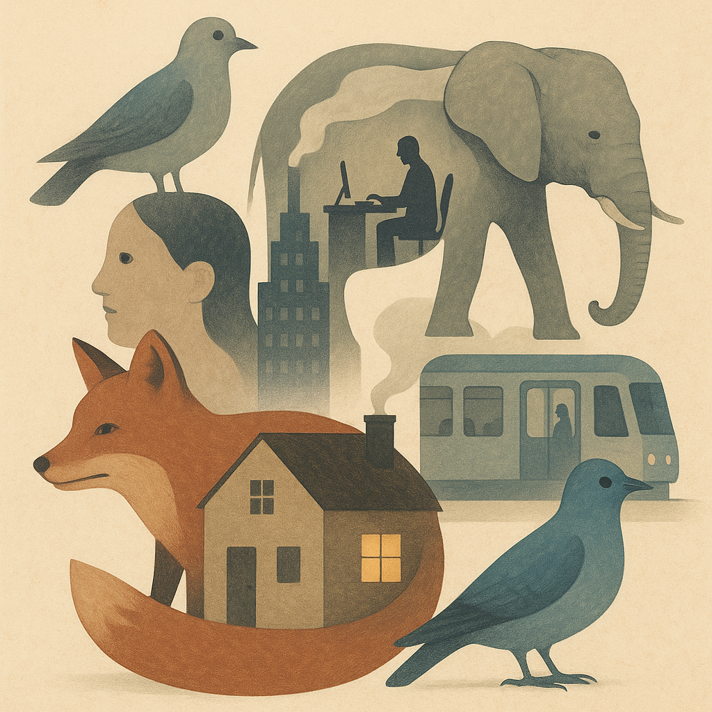 A symbolic illustration of animals blending into surreal, abstract human environments