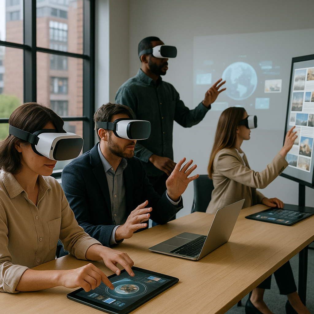 A futuristic office space with digital storytelling tools such as VR headsets, large touchscreen panels, and creatives at work