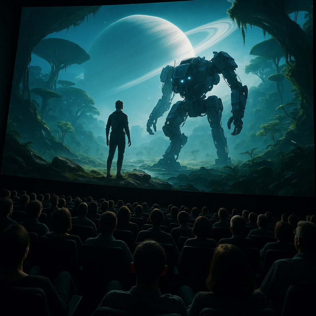 A cinematic moment showing an audience immersed in a large IMAX screen depicting a surreal nature-focused sci-fi scene