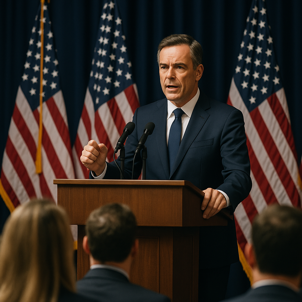 Politician speaking at a podium with American flags in the background