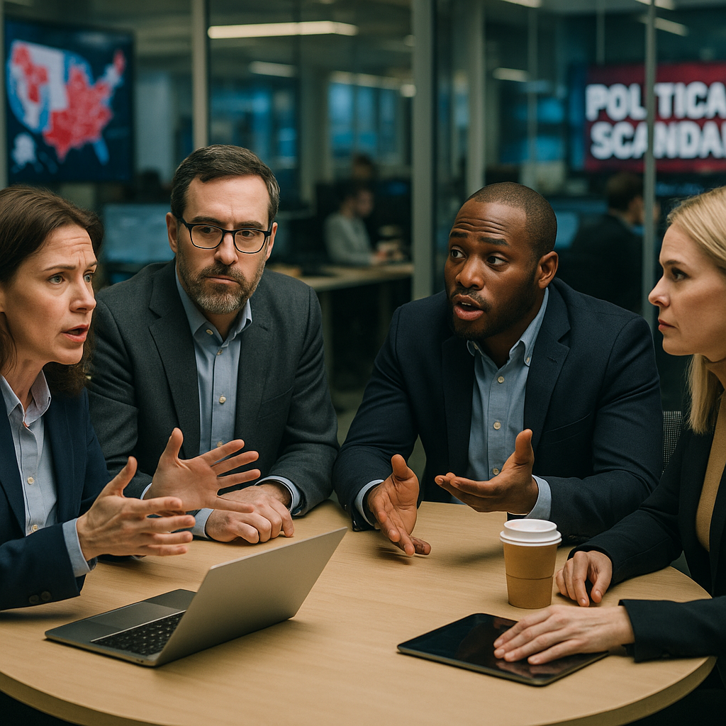 Group of diverse political analysts discussing election demographics in a newsroom