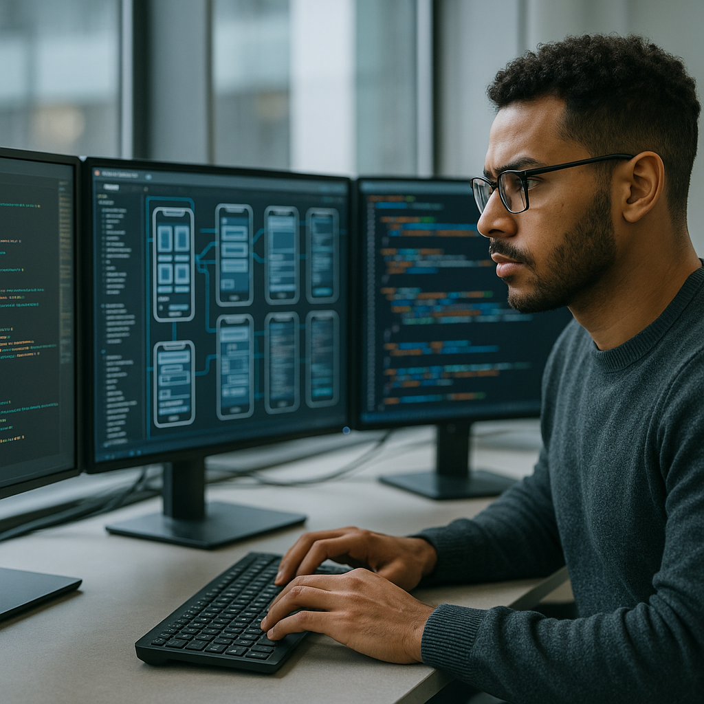 A developer debugging software code on multiple screens amidst complex UI mockups