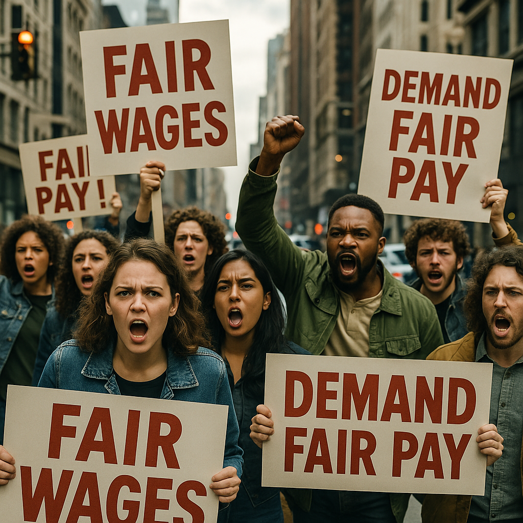 Protesters with banners demanding fair wages in a busy urban street