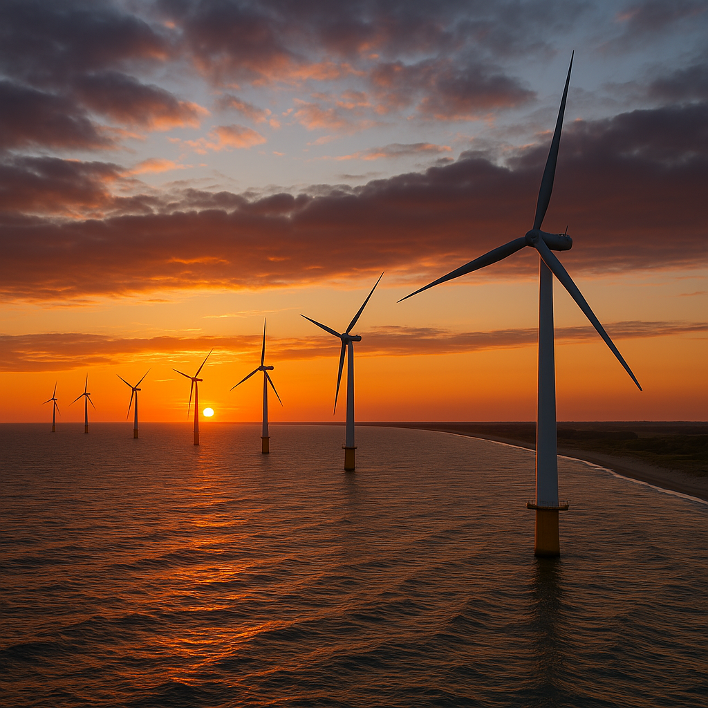 A coastal area with wind turbines against a vibrant sunset