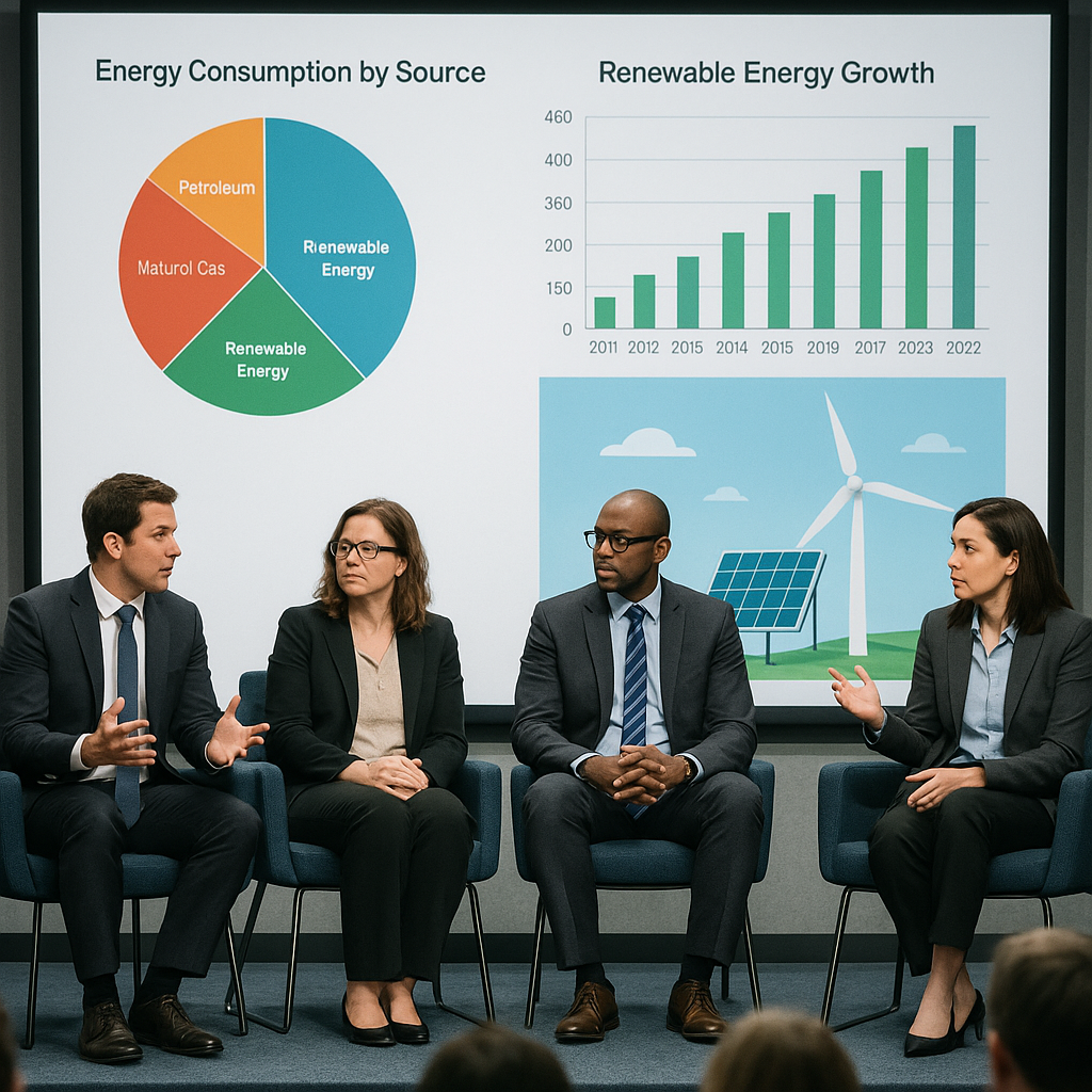 A panel of analysts or economists debating energy policies on stage