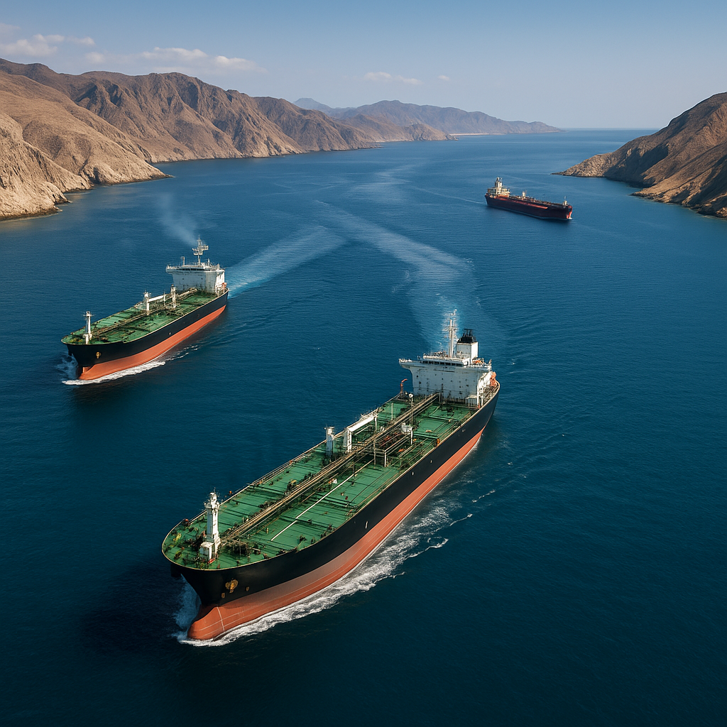Aerial view of tankers passing through the Strait of Hormuz
