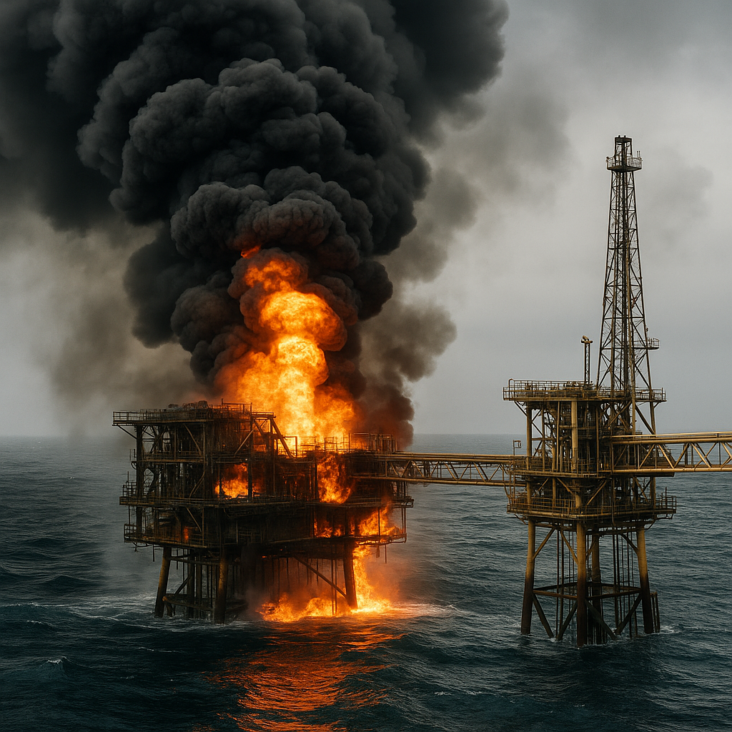 Smoke rising from an oil facility, symbolizing conflict in the region