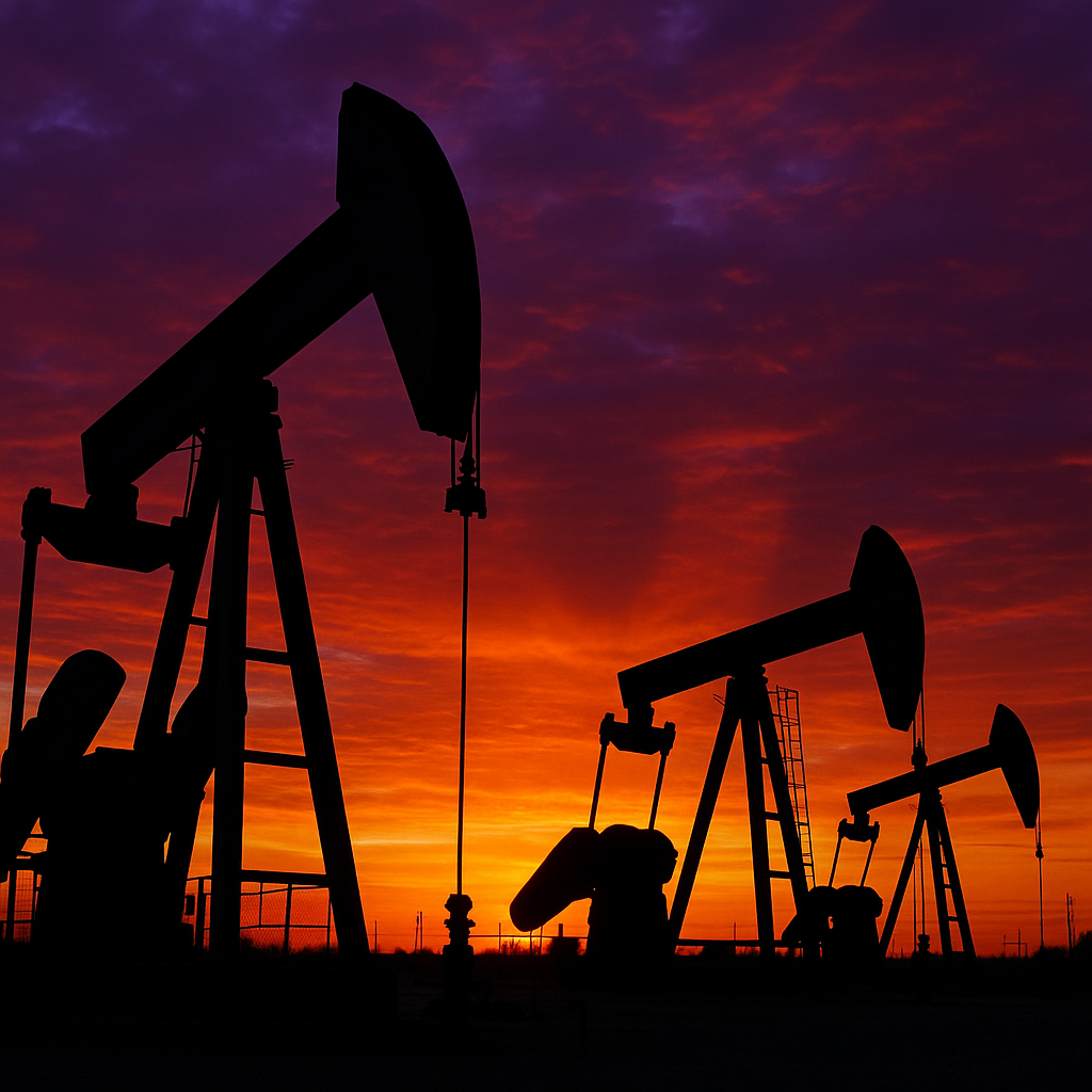 A silhouette of oil rigs at sunset, symbolizing energy markets