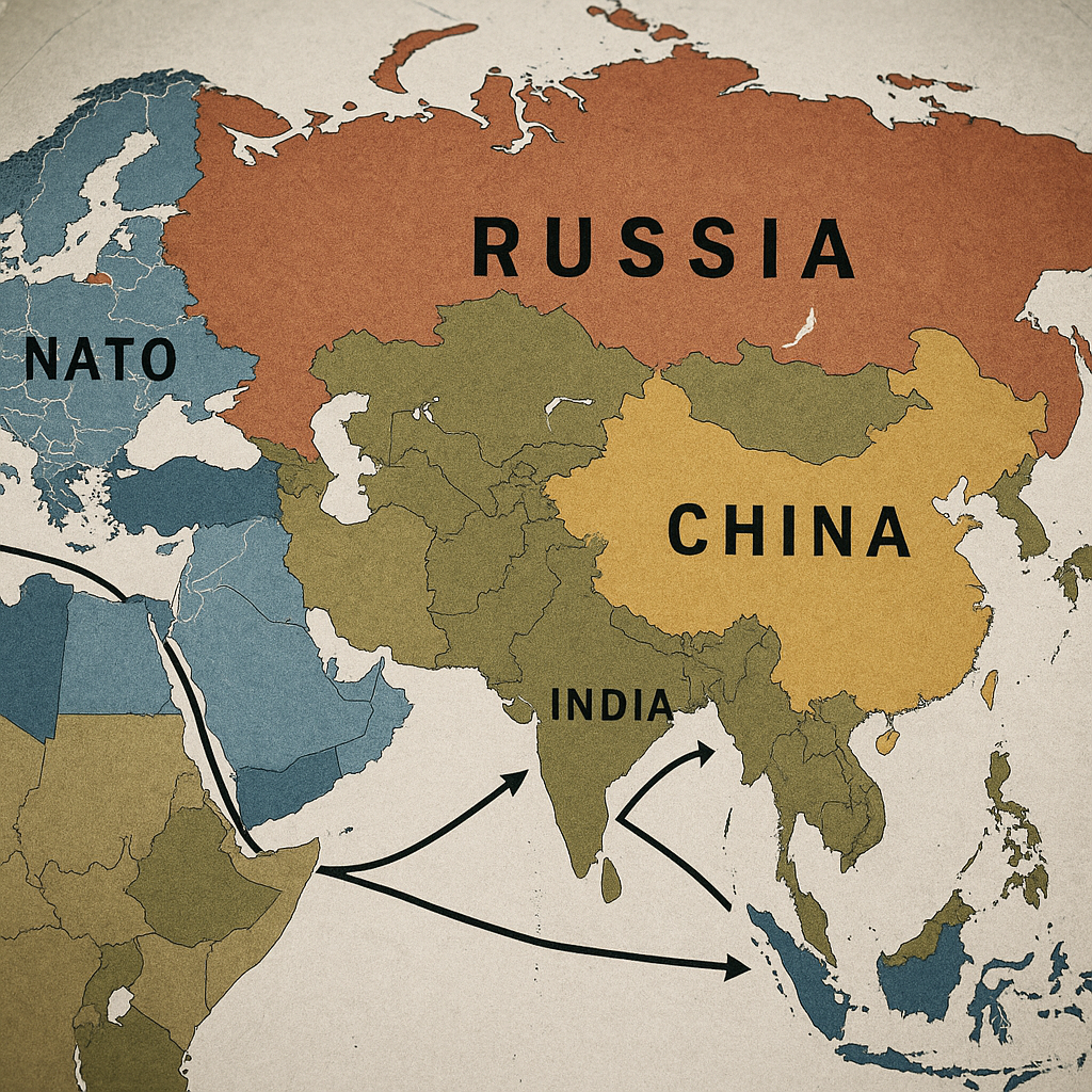 A detailed world map highlighting Russia and major oil-buying nations such as China and India
