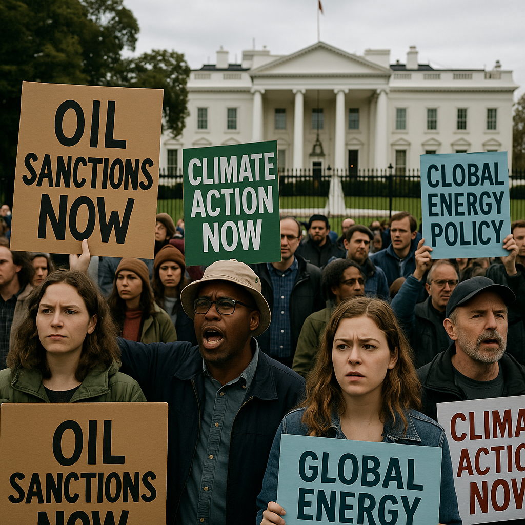 Protesters outside the White House, holding anti-war and climate-related signs